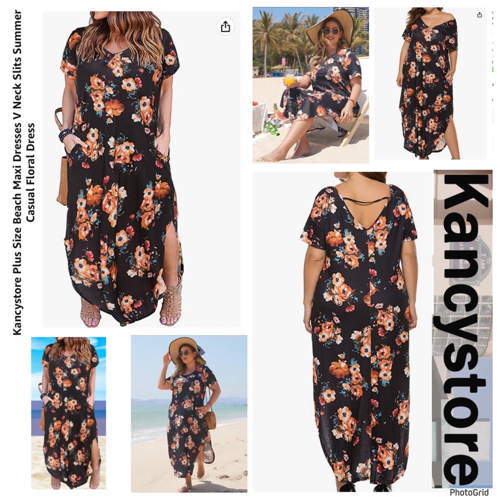 Kancystore 3XL plus size black floral pockets short sleeve slits maxi dress NWT